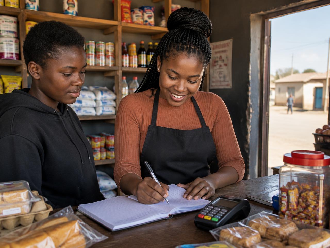 New Venture Creation learner recording sales in a ledger at her township business in South Africa